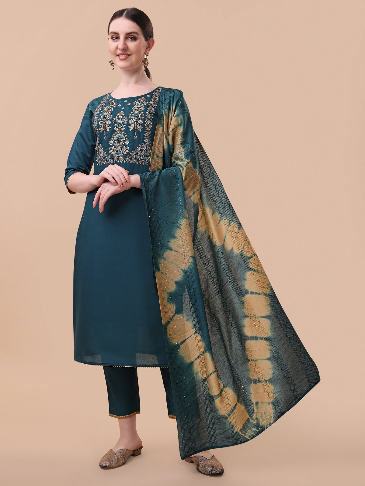 Embroidered Kurta With Pant& Dupatta Set, Multicolor - Hiral Fashion | Grocsy