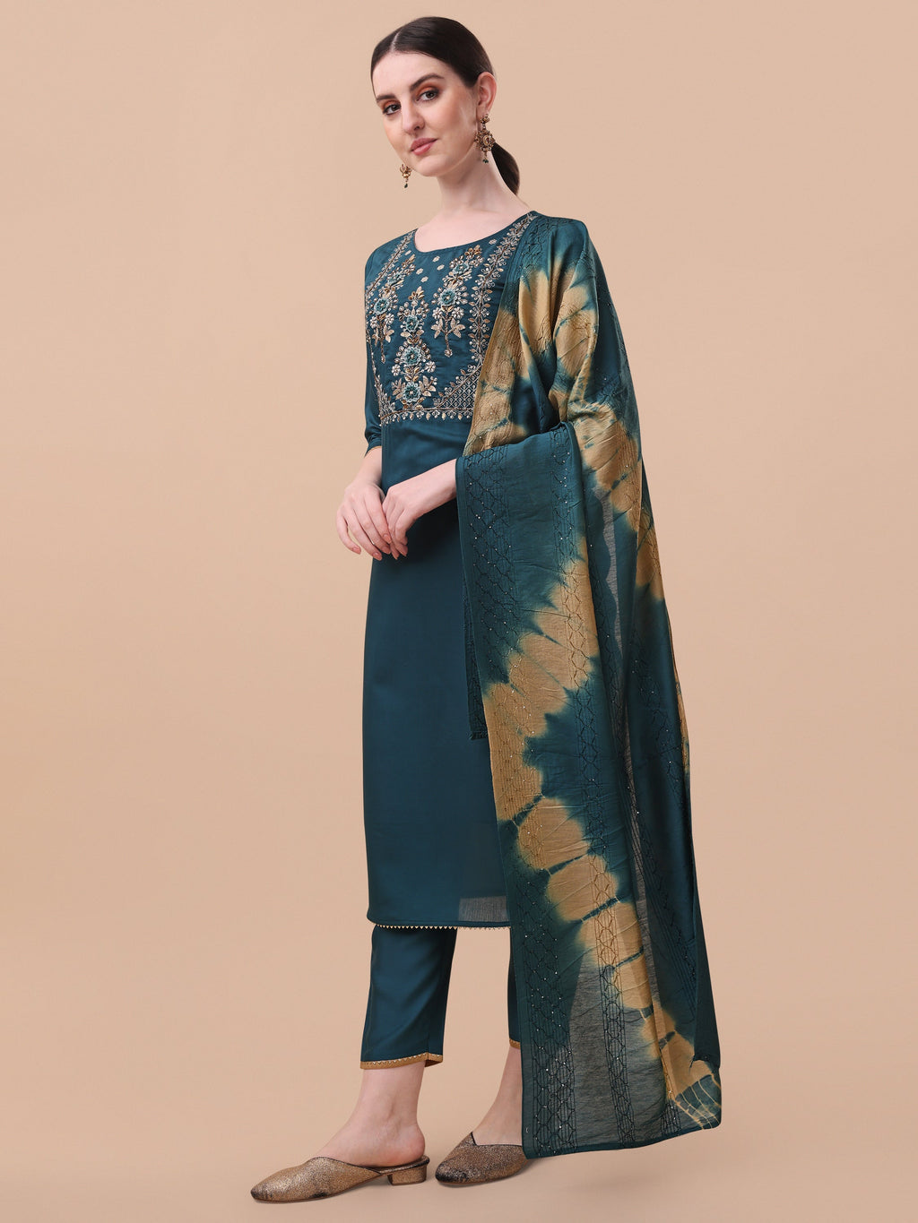 Embroidered Kurta With Pant& Dupatta Set, Multicolor - Hiral Fashion | Grocsy