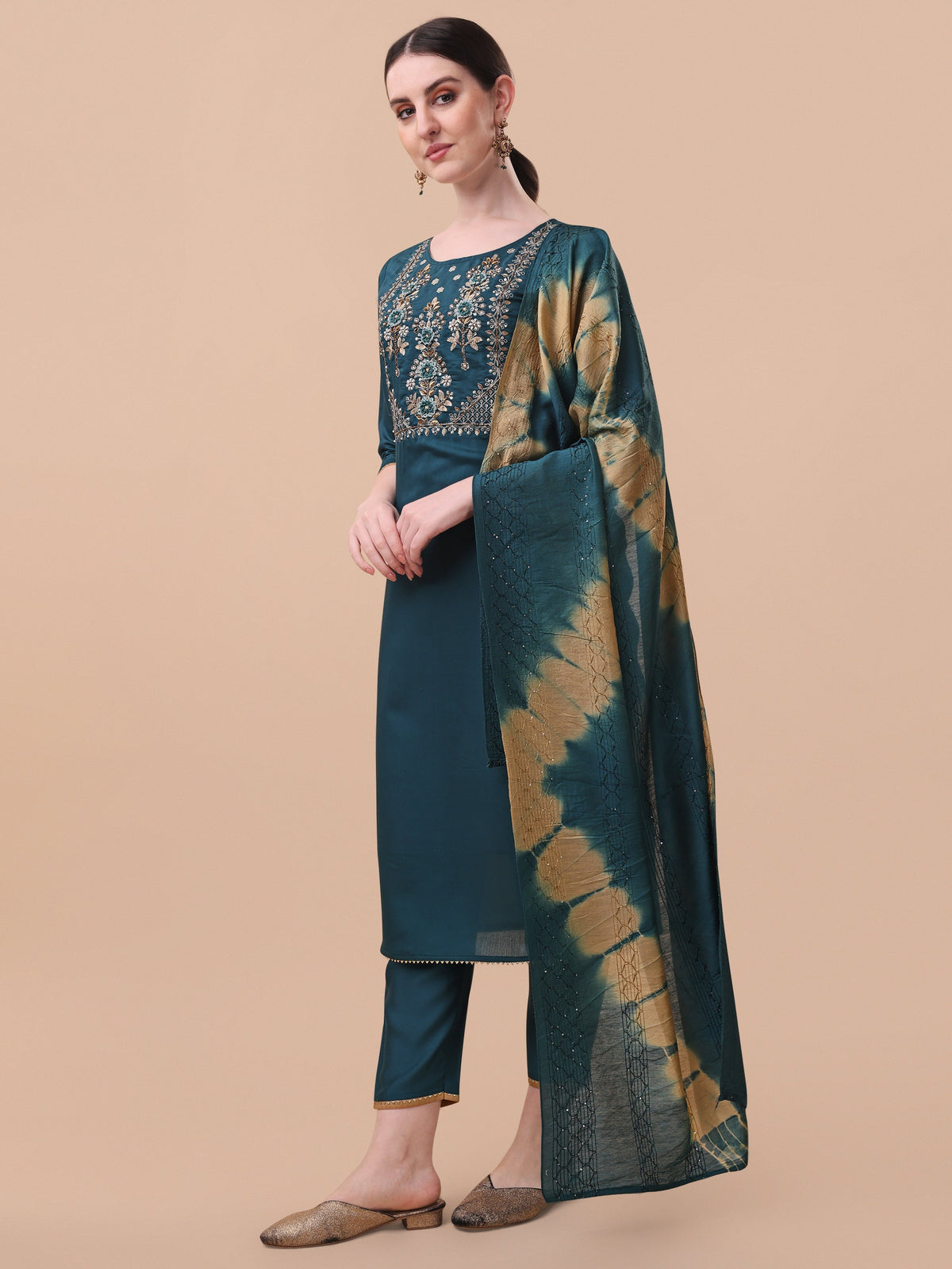 Embroidered Kurta With Pant& Dupatta Set, Multicolor - Hiral Fashion | Grocsy
