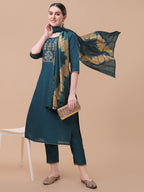 Embroidered Kurta With Pant& Dupatta Set, Multicolor - Hiral Fashion | Grocsy