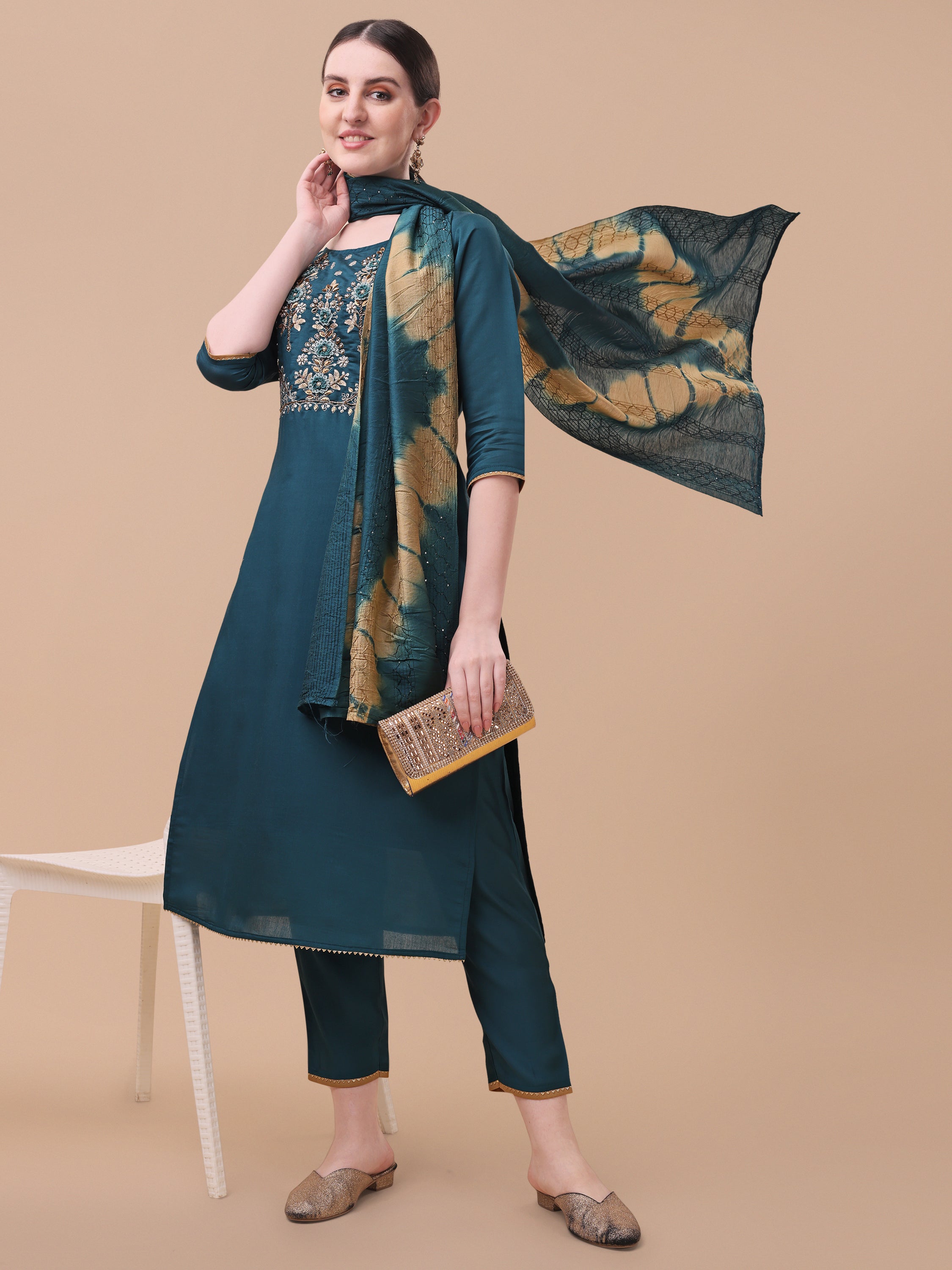Embroidered Kurta With Pant& Dupatta Set, Multicolor - Hiral Fashion | Grocsy