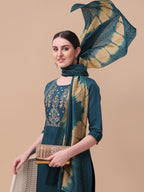 Embroidered Kurta With Pant& Dupatta Set, Multicolor - Hiral Fashion | Grocsy