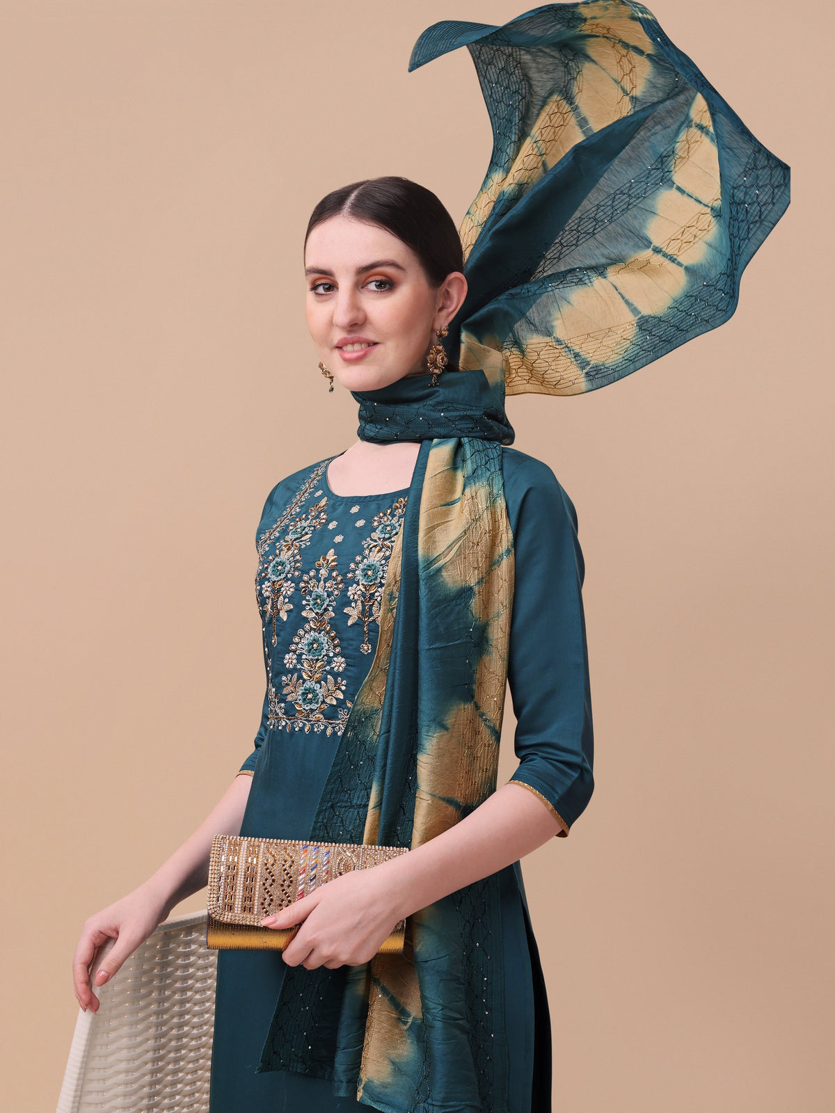 Embroidered Kurta With Pant& Dupatta Set, Multicolor - Hiral Fashion | Grocsy