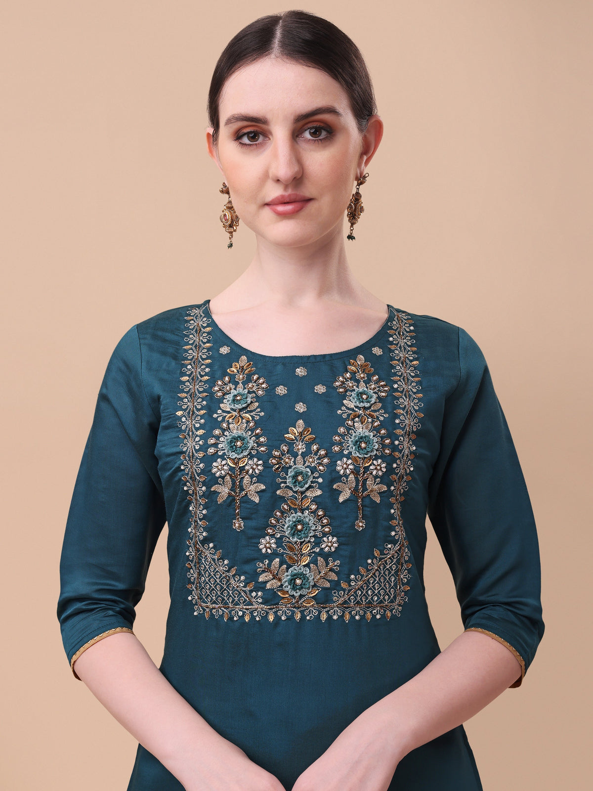 Embroidered Kurta With Pant& Dupatta Set, Multicolor - Hiral Fashion | Grocsy