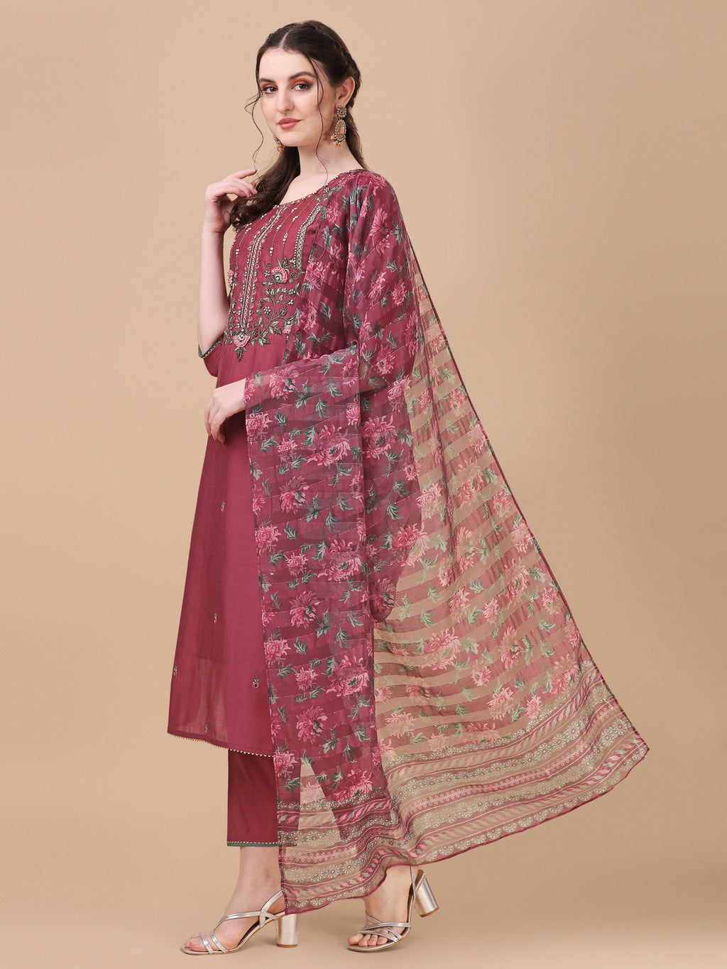 Embroidered Kurta With Pant & Printed Dupatta Set, Multicolor - Hiral Fashion | Grocsy