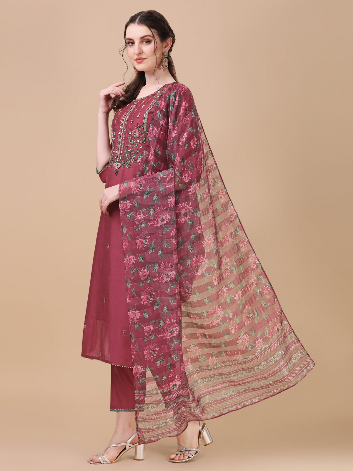 Embroidered Kurta With Pant & Printed Dupatta Set, Multicolor - Hiral Fashion | Grocsy