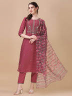 Embroidered Kurta With Pant & Printed Dupatta Set, Multicolor - Hiral Fashion | Grocsy