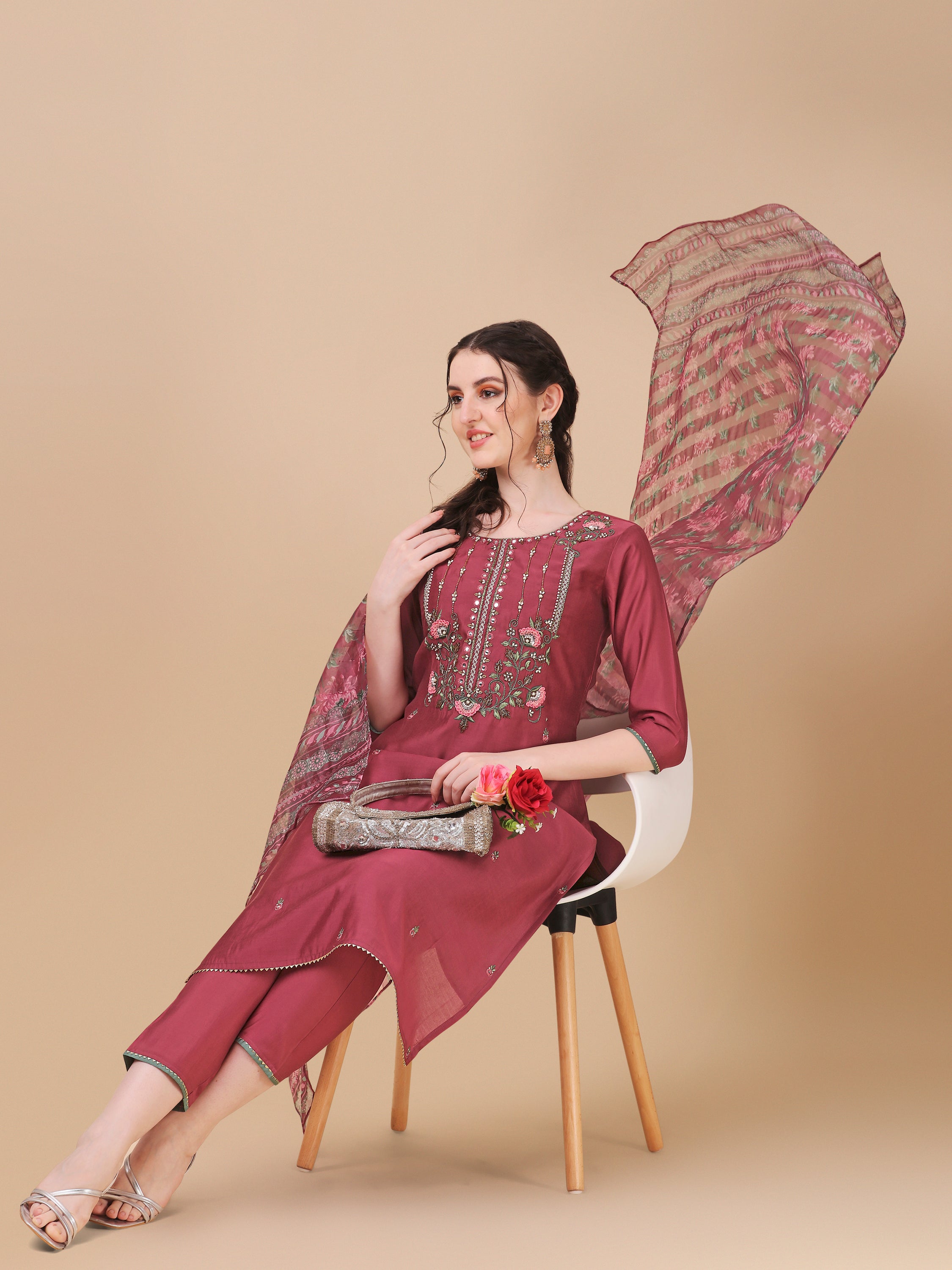 Embroidered Kurta With Pant & Printed Dupatta Set, Multicolor - Hiral Fashion | Grocsy