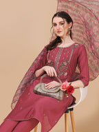 Embroidered Kurta With Pant & Printed Dupatta Set, Multicolor - Hiral Fashion | Grocsy