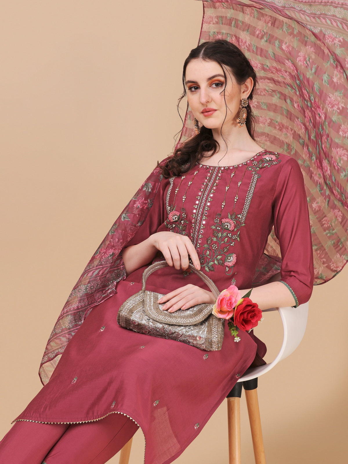 Embroidered Kurta With Pant & Printed Dupatta Set, Multicolor - Hiral Fashion | Grocsy