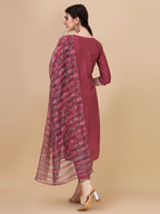 Embroidered Kurta With Pant & Printed Dupatta Set, Multicolor - Hiral Fashion | Grocsy