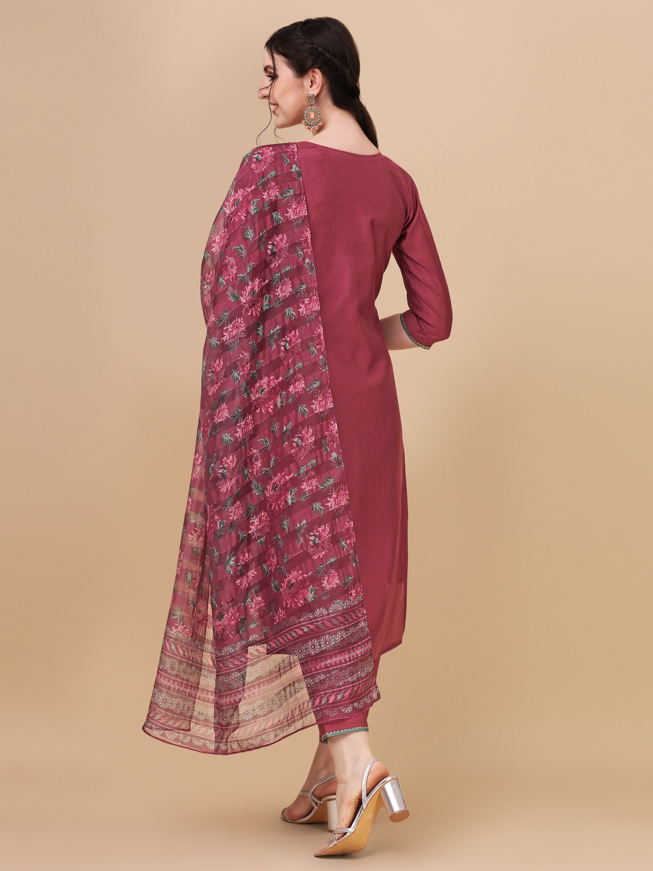 Embroidered Kurta With Pant & Printed Dupatta Set, Multicolor - Hiral Fashion | Grocsy