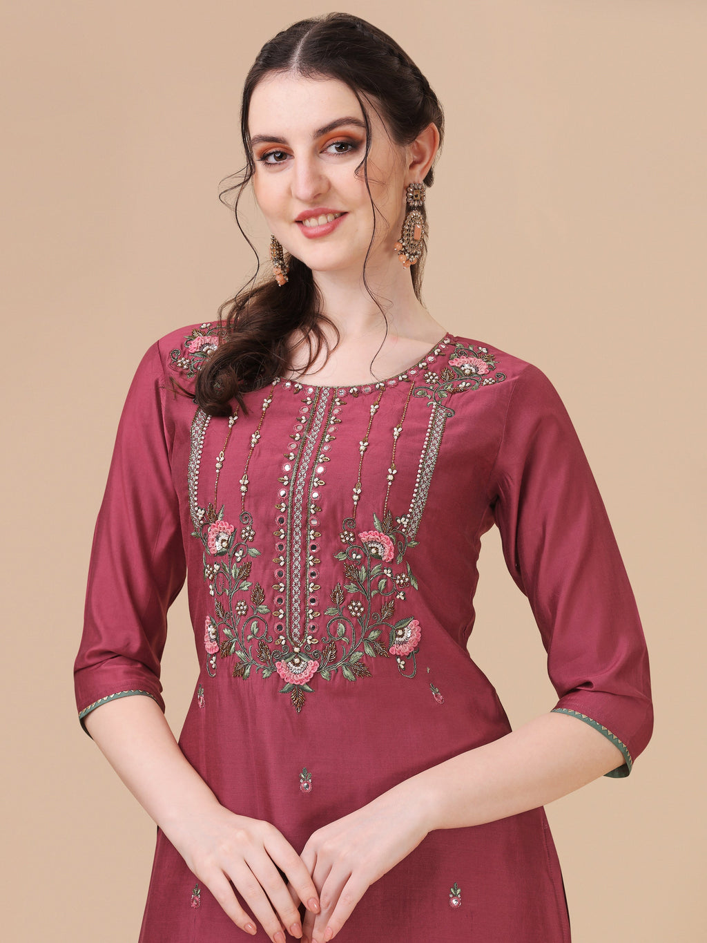 Embroidered Kurta With Pant & Printed Dupatta Set, Multicolor - Hiral Fashion | Grocsy