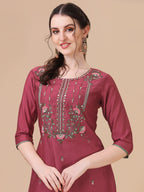 Embroidered Kurta With Pant & Printed Dupatta Set, Multicolor - Hiral Fashion | Grocsy
