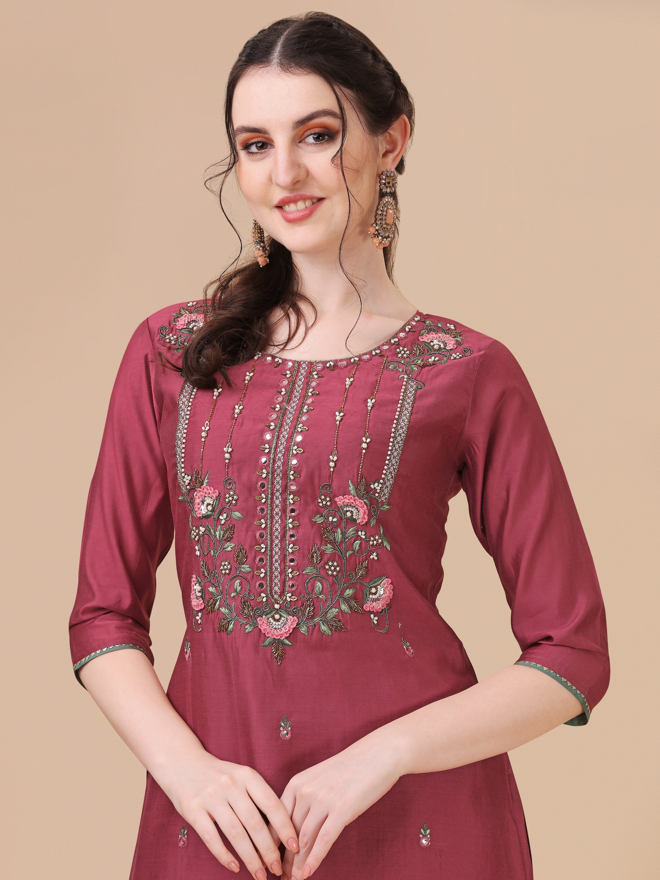 Embroidered Kurta With Pant & Printed Dupatta Set, Multicolor - Hiral Fashion | Grocsy