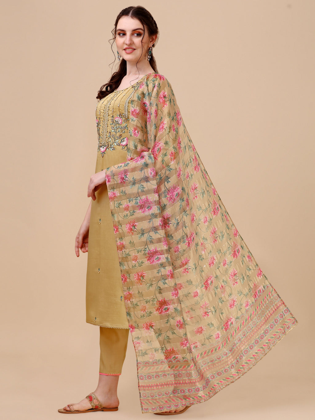 Embroidered Kurta With Pant & Printed Dupatta Set, Multicolor - Hiral Fashion | Grocsy