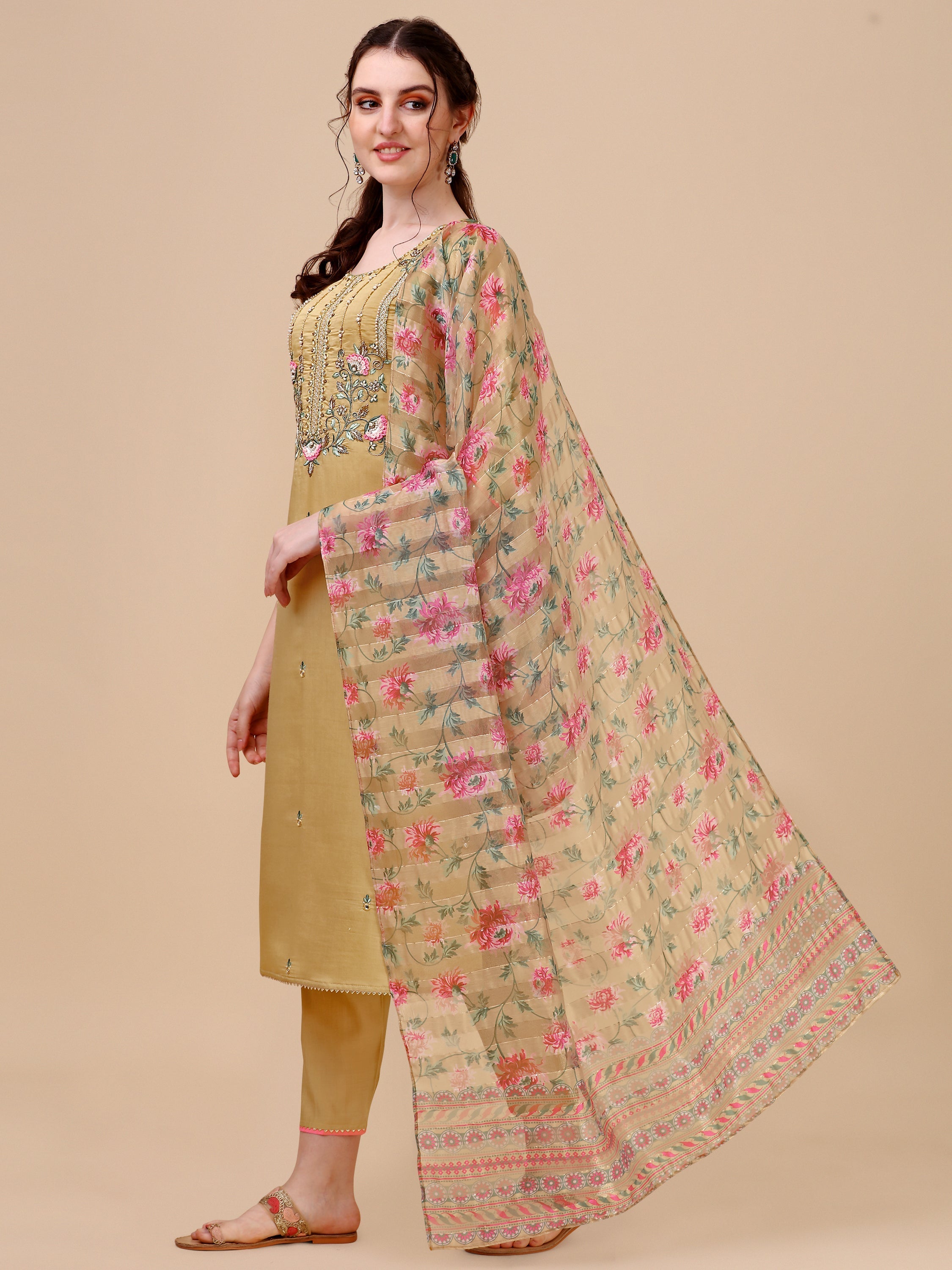 Embroidered Kurta With Pant & Printed Dupatta Set, Multicolor - Hiral Fashion | Grocsy
