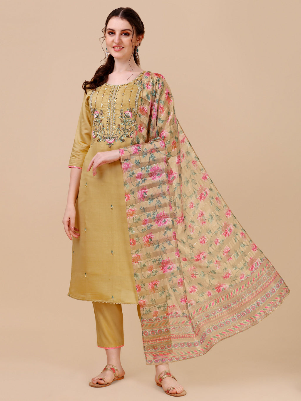 Embroidered Kurta With Pant & Printed Dupatta Set, Multicolor - Hiral Fashion | Grocsy