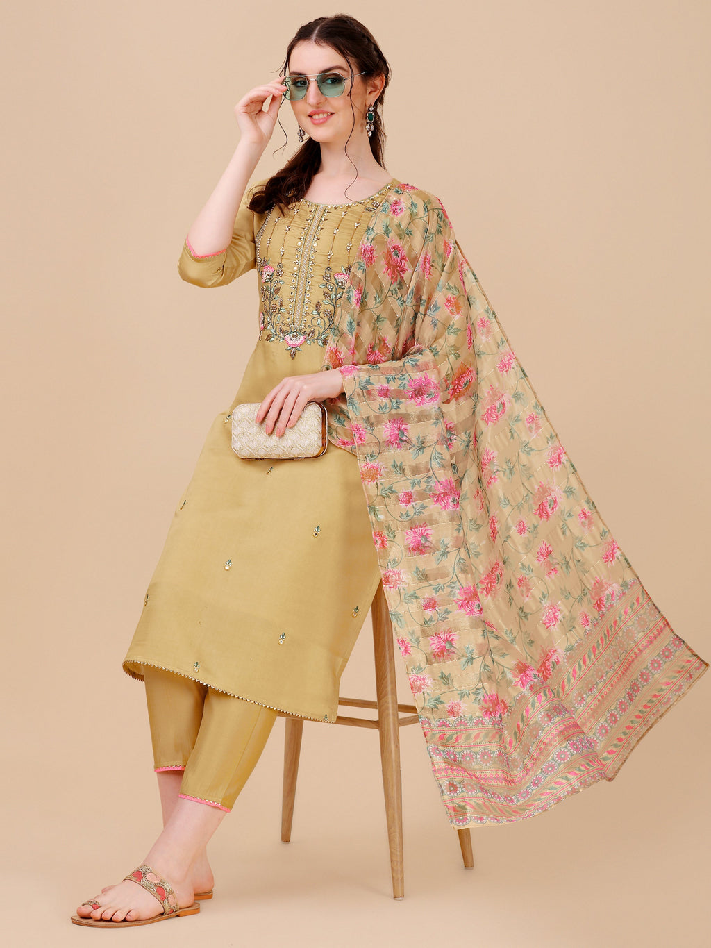 Embroidered Kurta With Pant & Printed Dupatta Set, Multicolor - Hiral Fashion | Grocsy