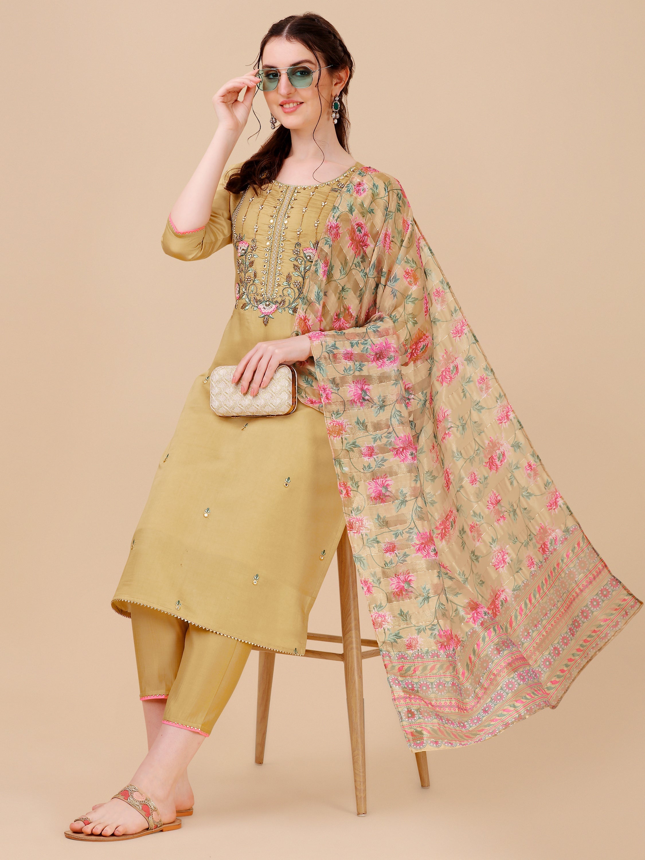 Embroidered Kurta With Pant & Printed Dupatta Set, Multicolor - Hiral Fashion | Grocsy