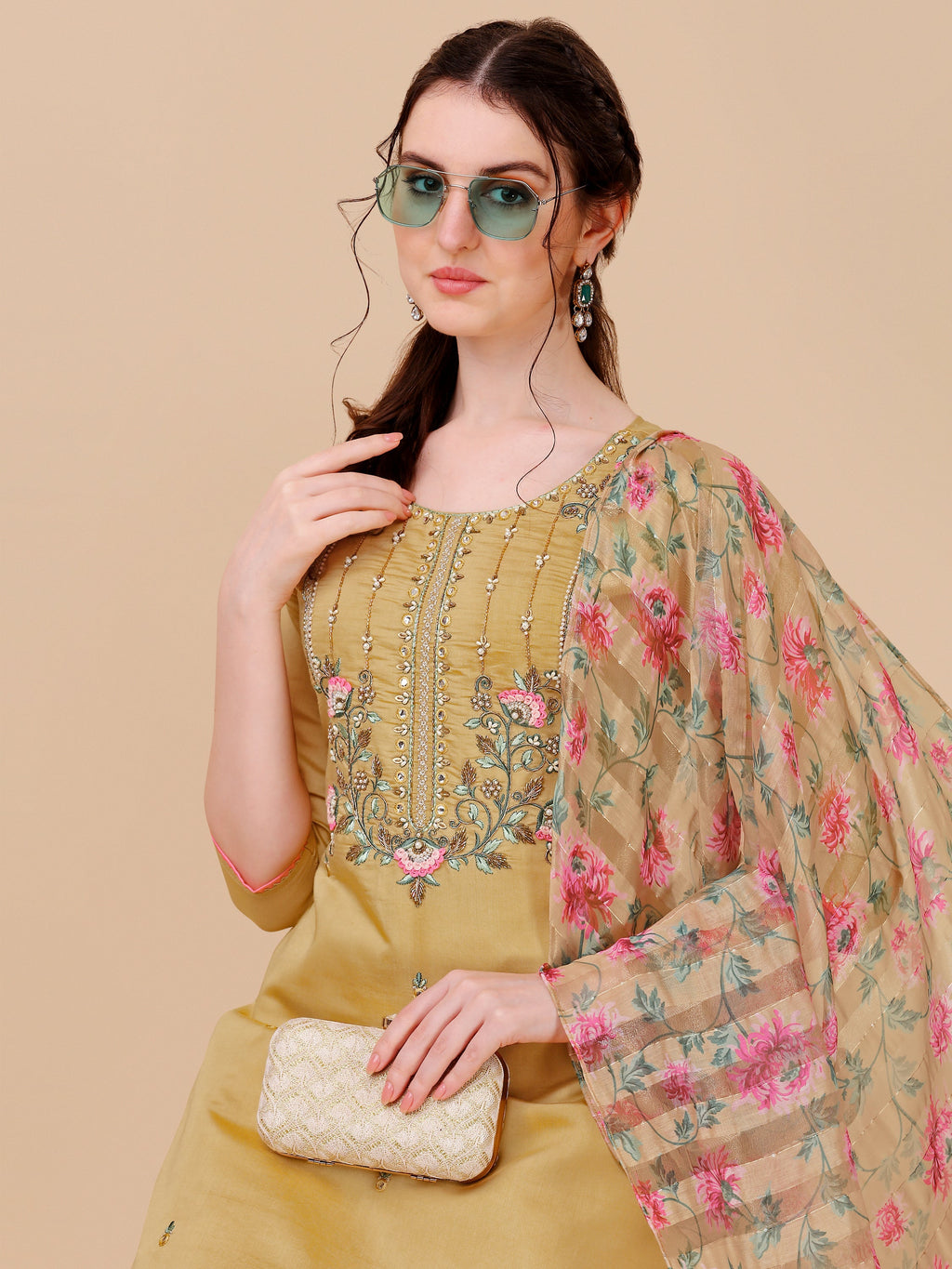 Embroidered Kurta With Pant & Printed Dupatta Set, Multicolor - Hiral Fashion | Grocsy