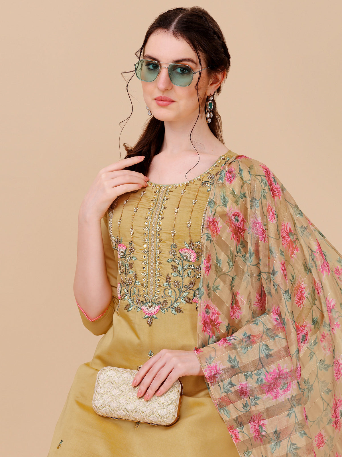 Embroidered Kurta With Pant & Printed Dupatta Set, Multicolor - Hiral Fashion | Grocsy