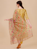 Embroidered Kurta With Pant & Printed Dupatta Set, Multicolor - Hiral Fashion | Grocsy