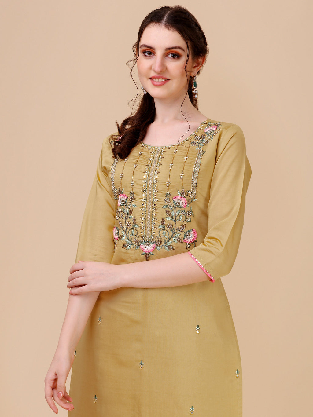 Embroidered Kurta With Pant & Printed Dupatta Set, Multicolor - Hiral Fashion | Grocsy