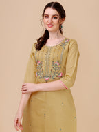 Embroidered Kurta With Pant & Printed Dupatta Set, Multicolor - Hiral Fashion | Grocsy