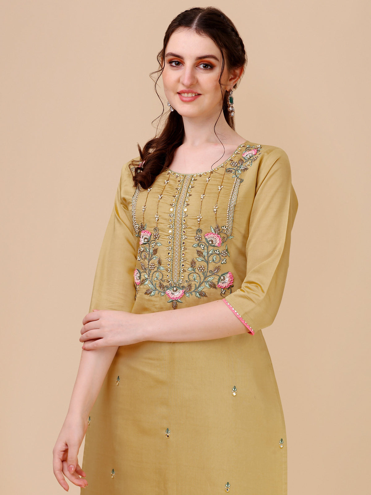 Embroidered Kurta With Pant & Printed Dupatta Set, Multicolor - Hiral Fashion | Grocsy