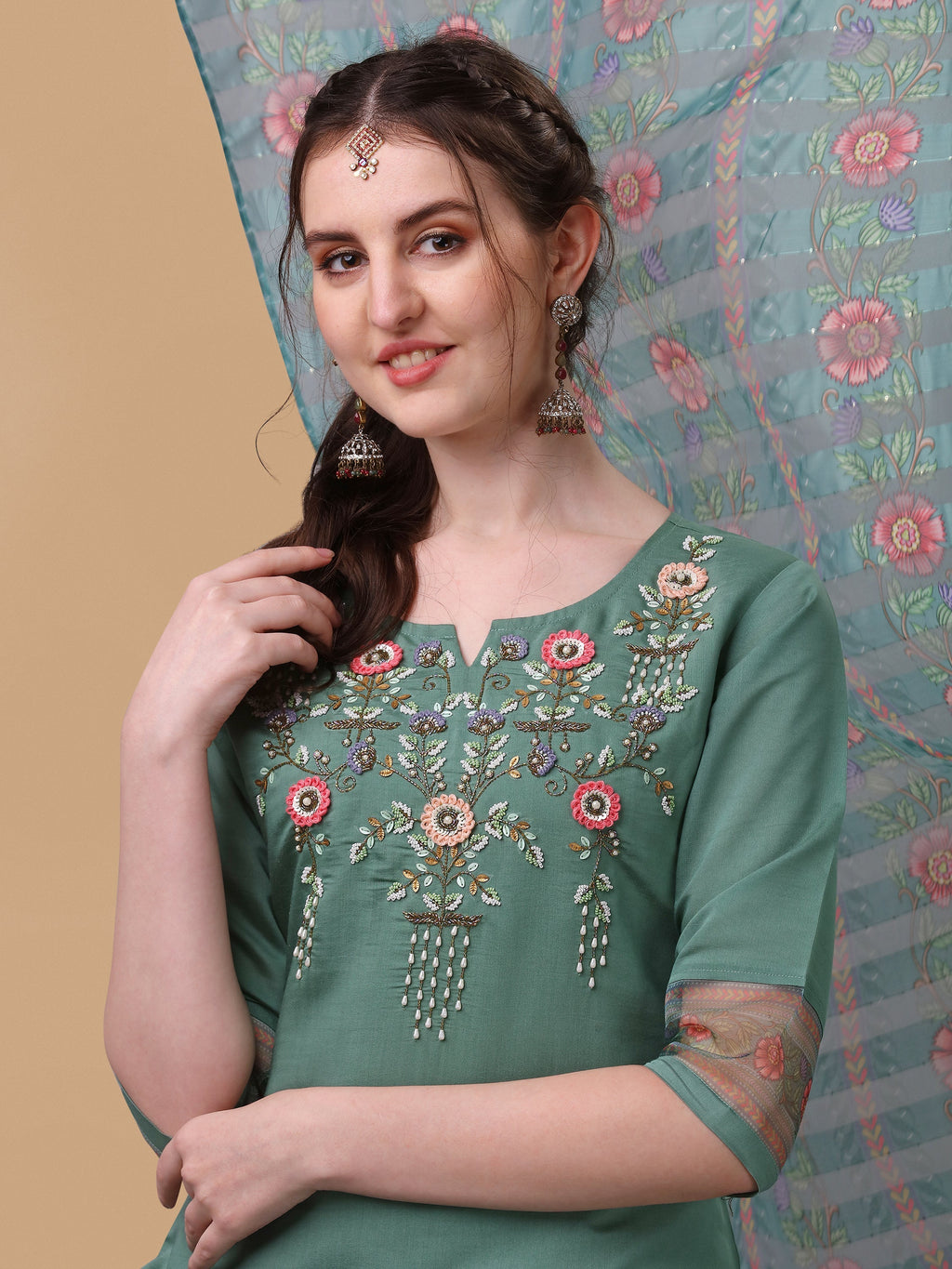 Hand Embroidered Kurta With Pant And Dupatta Set, Multicolor - Hiral Fashion | Grocsy