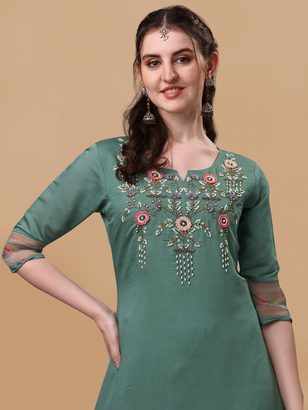 Hand Embroidered Kurta With Pant And Dupatta Set, Multicolor - Hiral Fashion | Grocsy