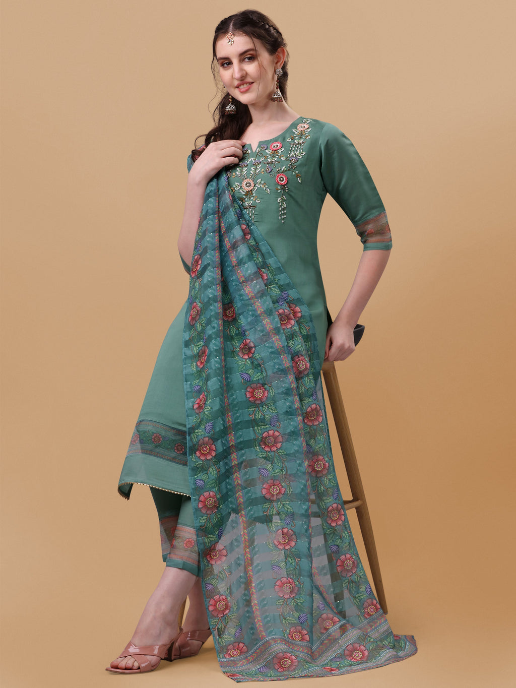 Hand Embroidered Kurta With Pant And Dupatta Set, Multicolor - Hiral Fashion | Grocsy