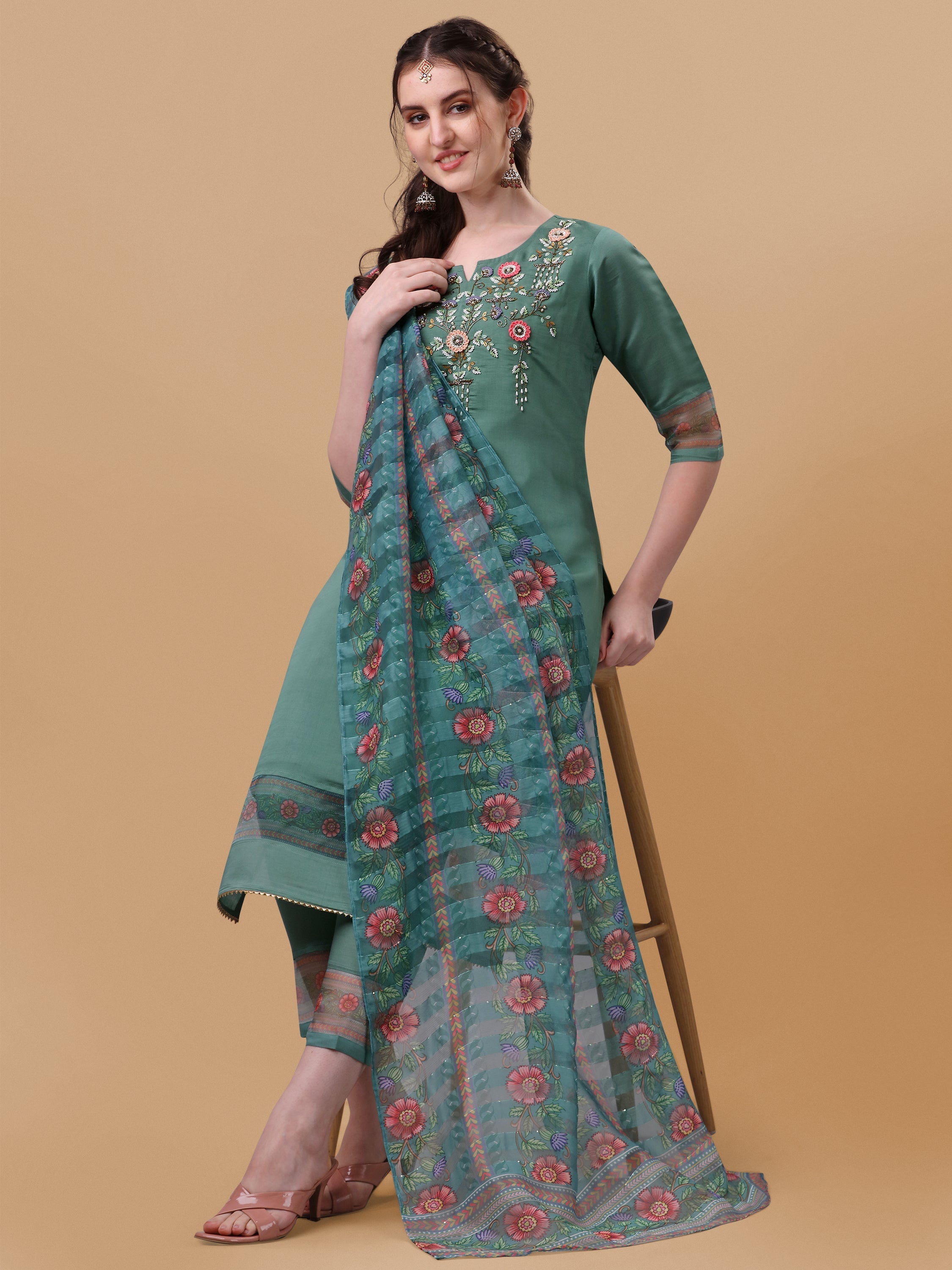 Hand Embroidered Kurta With Pant And Dupatta Set, Multicolor - Hiral Fashion | Grocsy