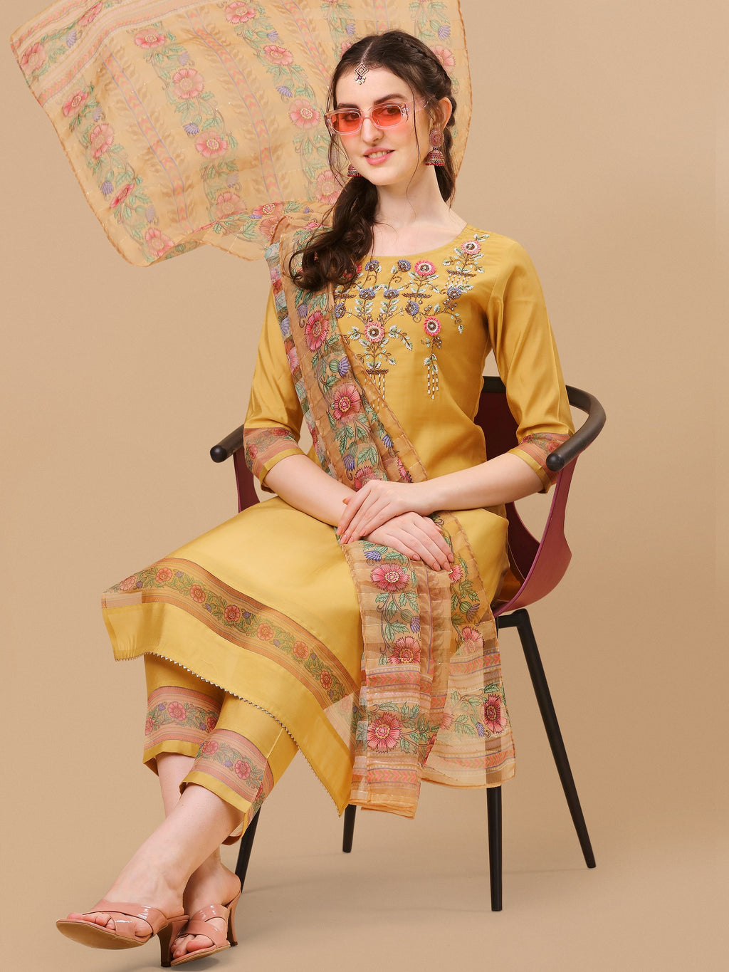 Hand Embroidered Kurta With Pant And Organza Printed Dupatta Set, Multicolor - Hiral Fashion | Grocsy