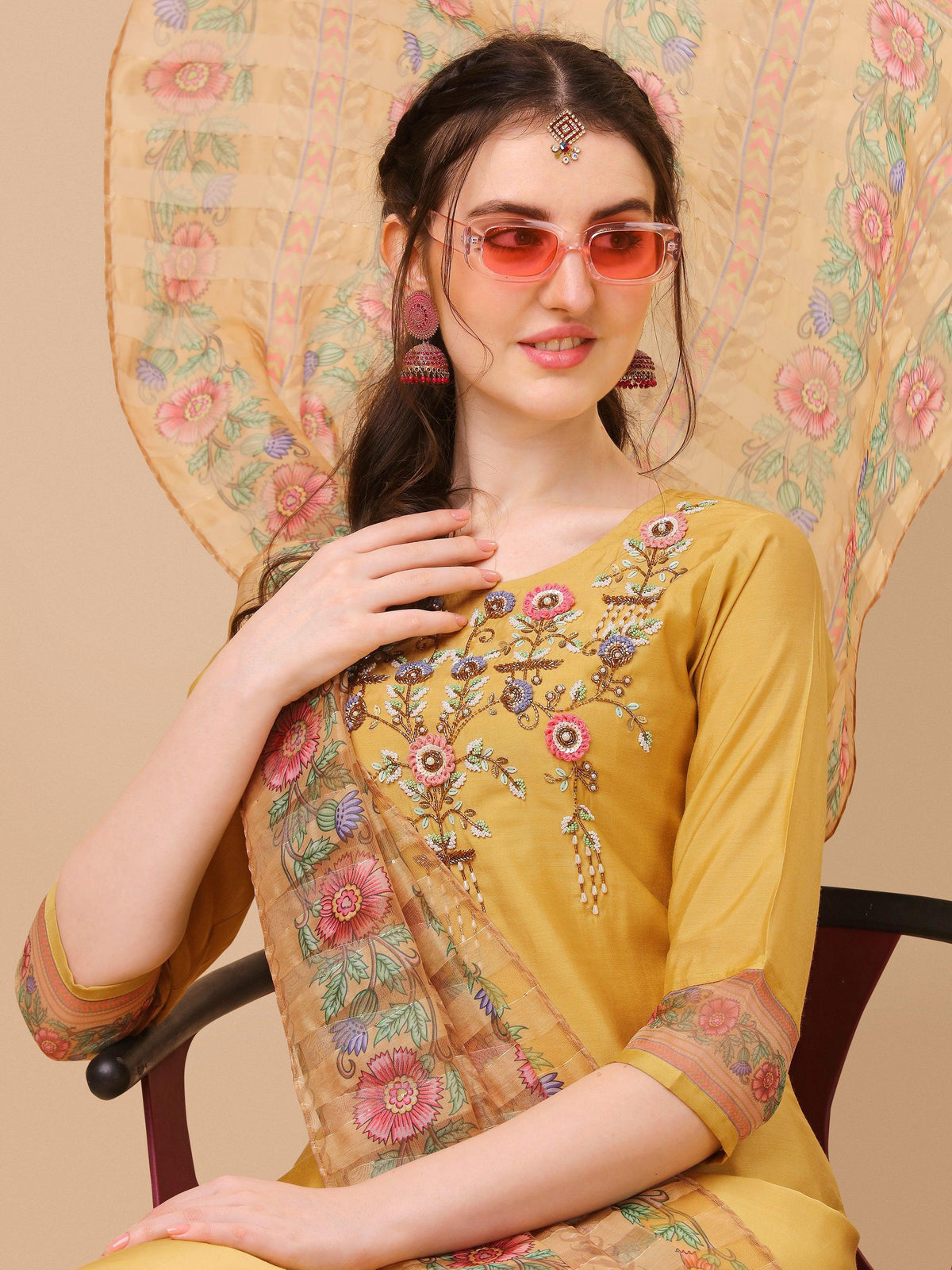 Hand Embroidered Kurta With Pant And Organza Printed Dupatta Set, Multicolor - Hiral Fashion | Grocsy