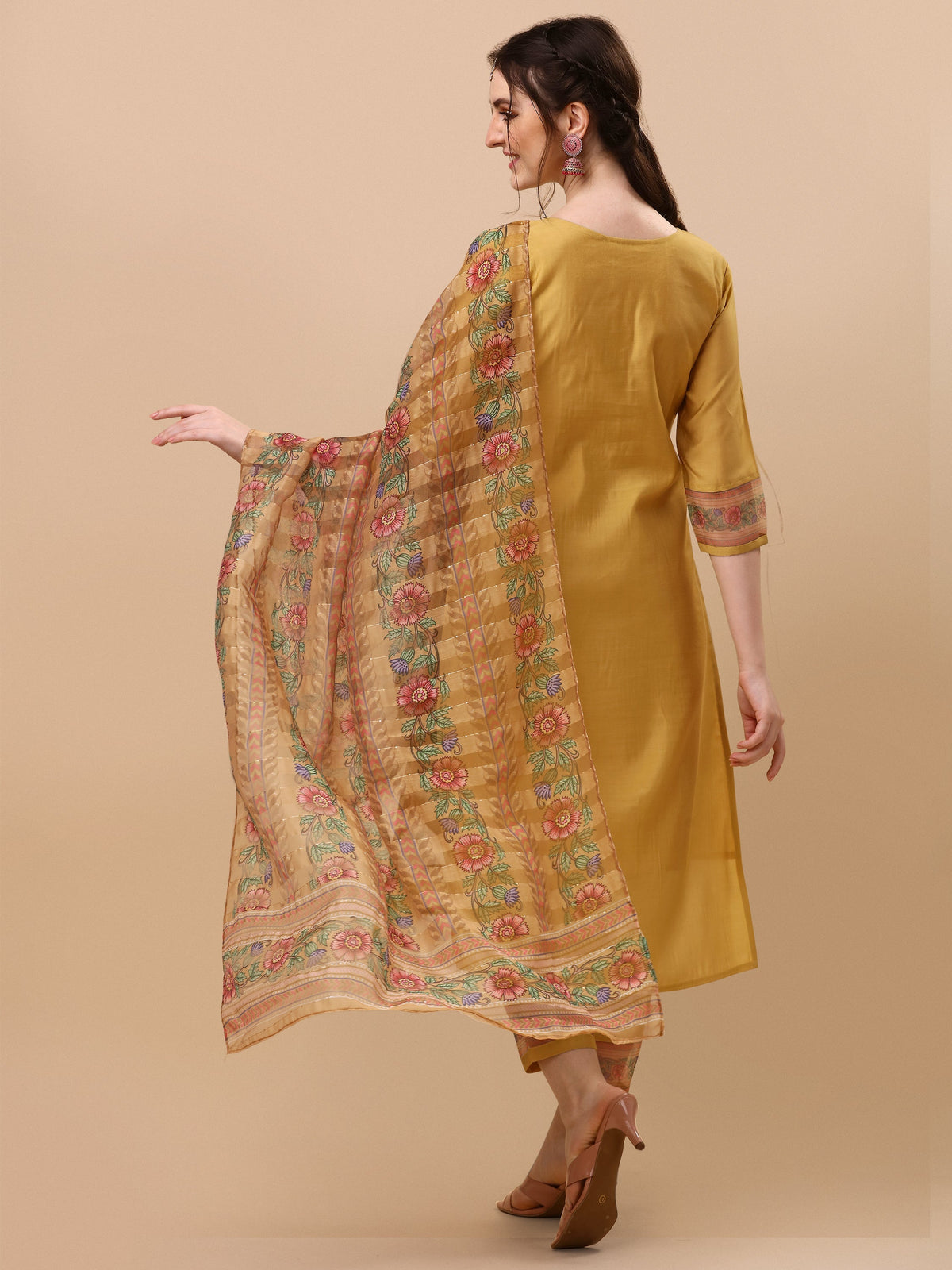 Hand Embroidered Kurta With Pant And Organza Printed Dupatta Set, Multicolor - Hiral Fashion | Grocsy