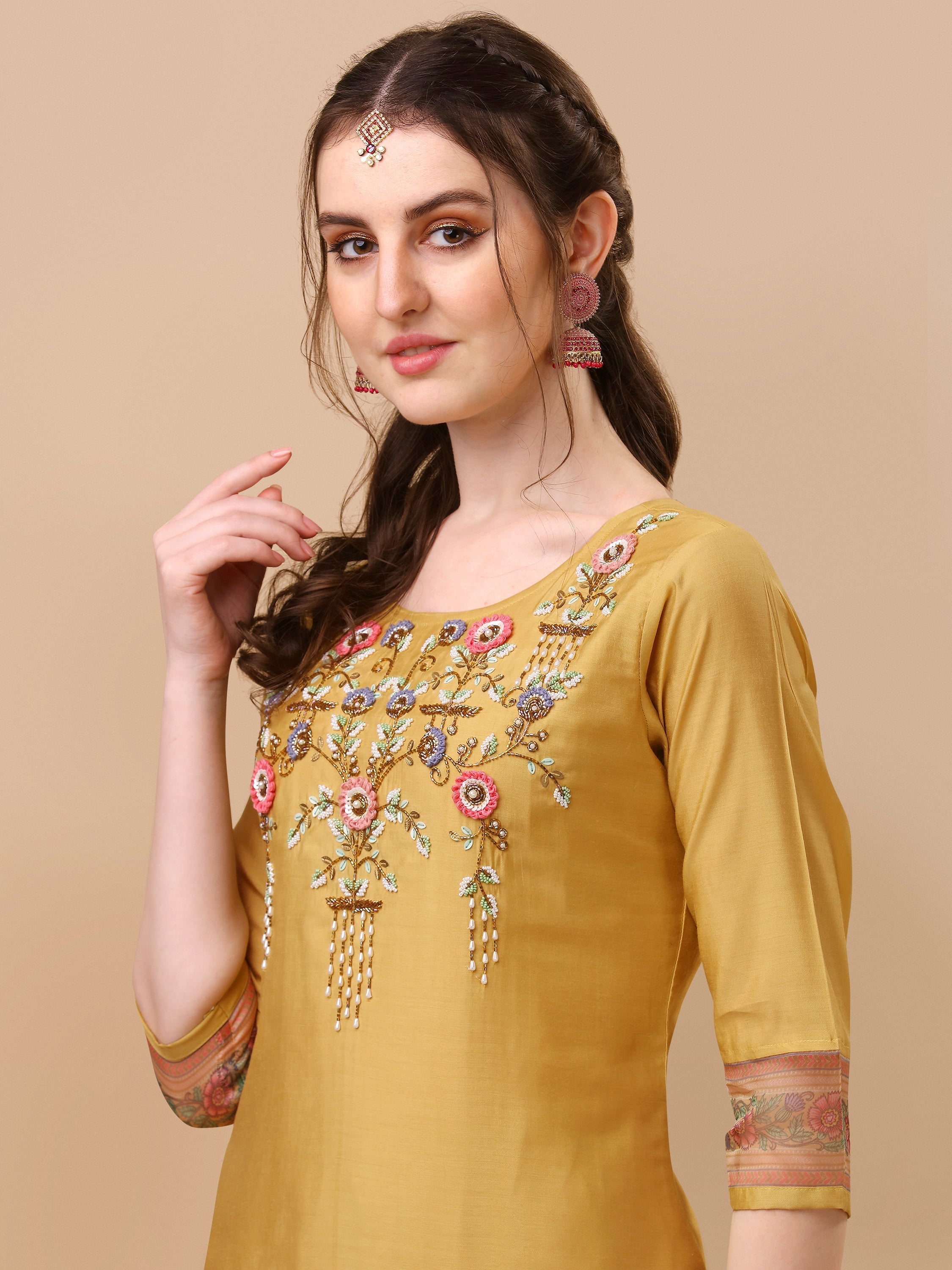 Hand Embroidered Kurta With Pant And Organza Printed Dupatta Set, Multicolor - Hiral Fashion | Grocsy
