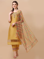 Hand Embroidered Kurta With Pant And Organza Printed Dupatta Set, Multicolor - Hiral Fashion | Grocsy
