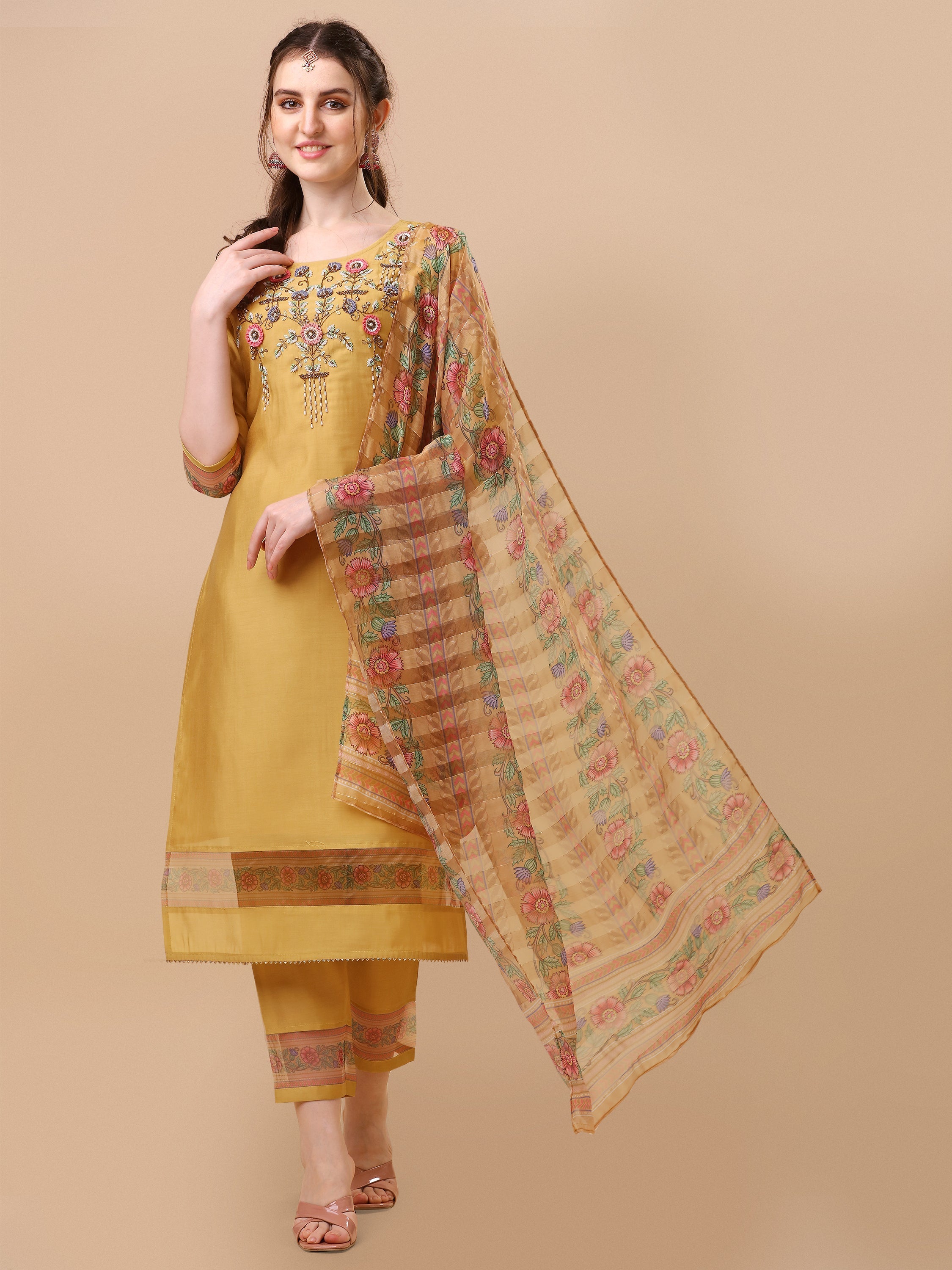 Hand Embroidered Kurta With Pant And Organza Printed Dupatta Set, Multicolor - Hiral Fashion | Grocsy