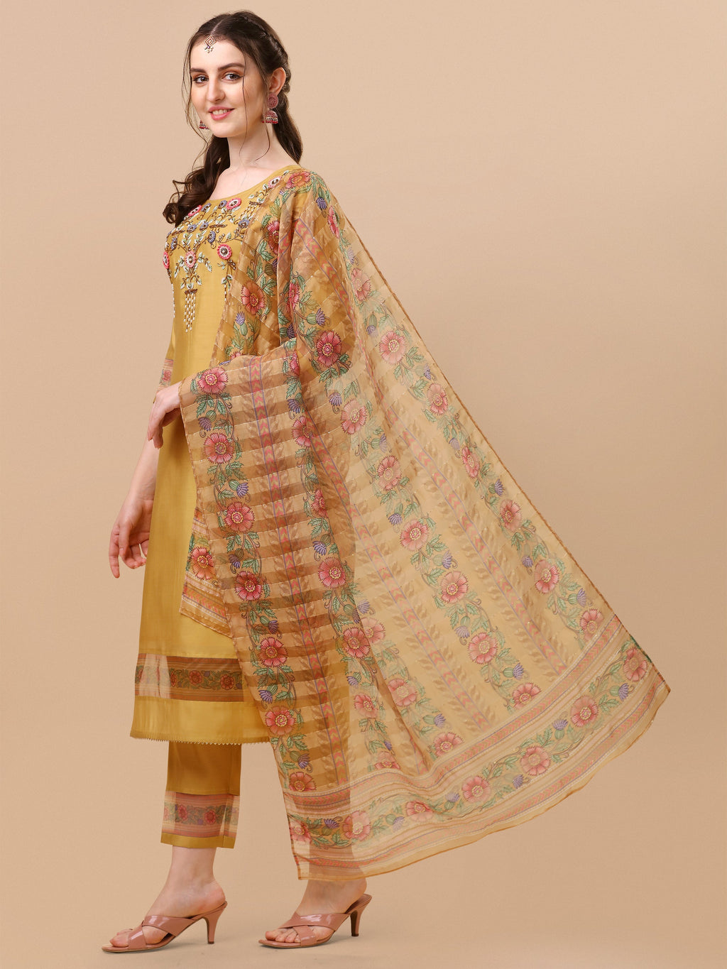 Hand Embroidered Kurta With Pant And Organza Printed Dupatta Set, Multicolor - Hiral Fashion | Grocsy