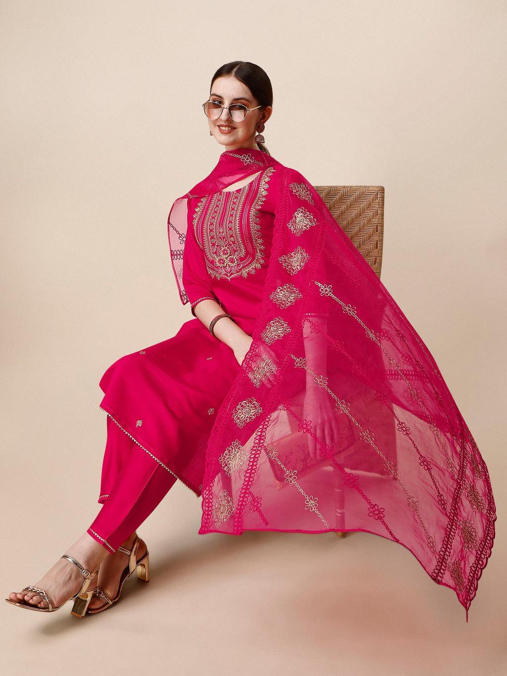 Embroidered Kurta With Pant & Dupatta Set, Multicolor - Hiral Fashion | Grocsy
