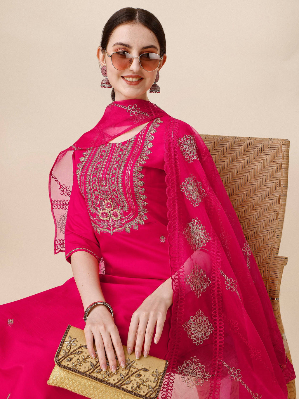 Embroidered Kurta With Pant & Dupatta Set, Multicolor - Hiral Fashion | Grocsy