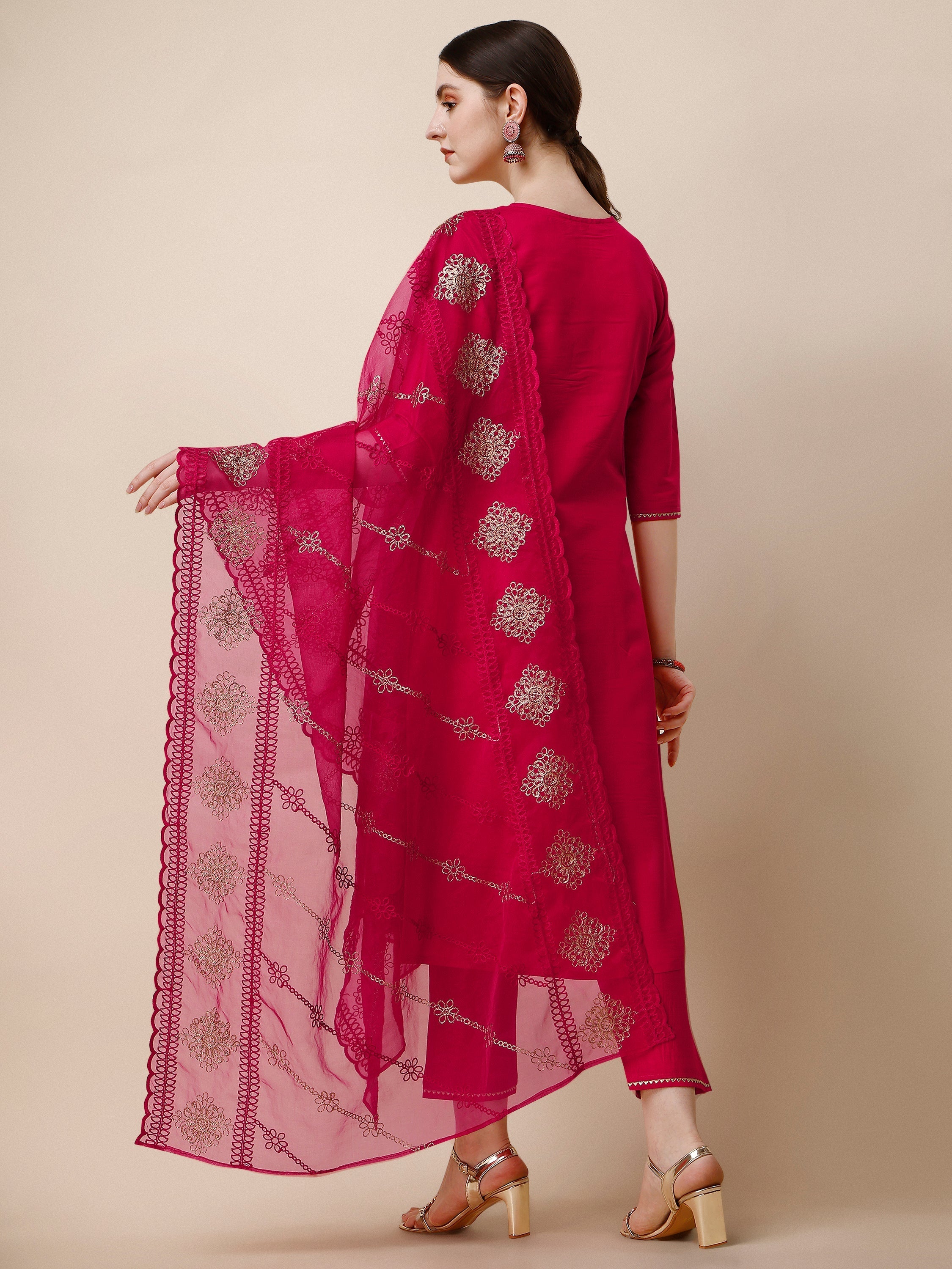 Embroidered Kurta With Pant & Dupatta Set, Multicolor - Hiral Fashion | Grocsy