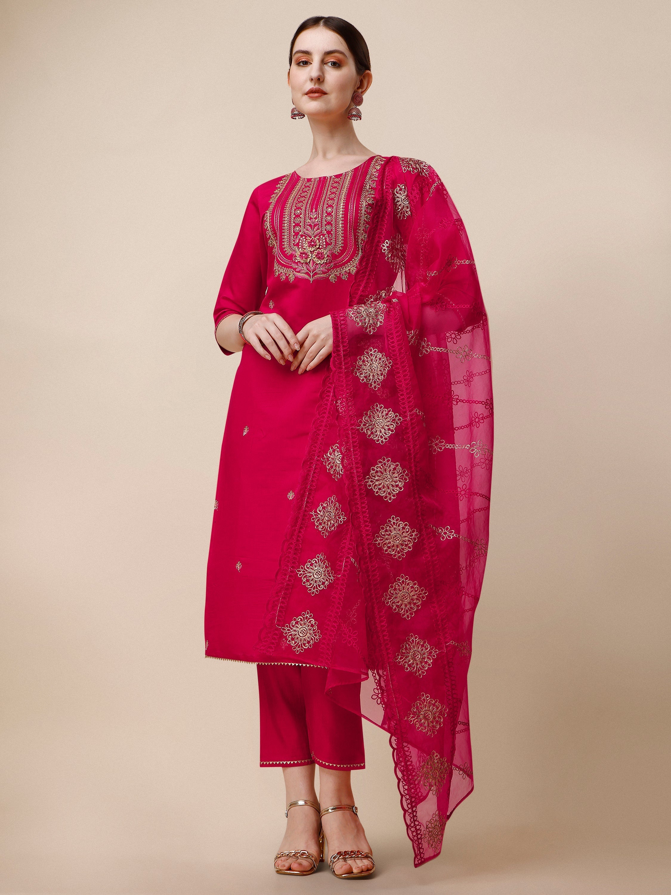 Embroidered Kurta With Pant & Dupatta Set, Multicolor - Hiral Fashion | Grocsy