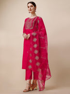 Embroidered Kurta With Pant & Dupatta Set, Multicolor - Hiral Fashion | Grocsy