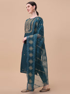 Embroidered Kurta With Pant & Dupatta Set, Multicolor - Hiral Fashion | Grocsy