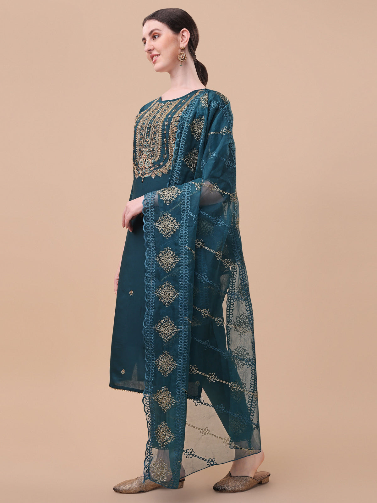 Embroidered Kurta With Pant & Dupatta Set, Multicolor - Hiral Fashion | Grocsy