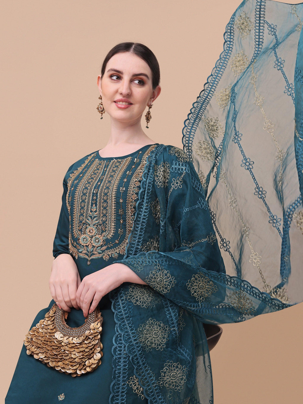 Embroidered Kurta With Pant & Dupatta Set, Multicolor - Hiral Fashion | Grocsy