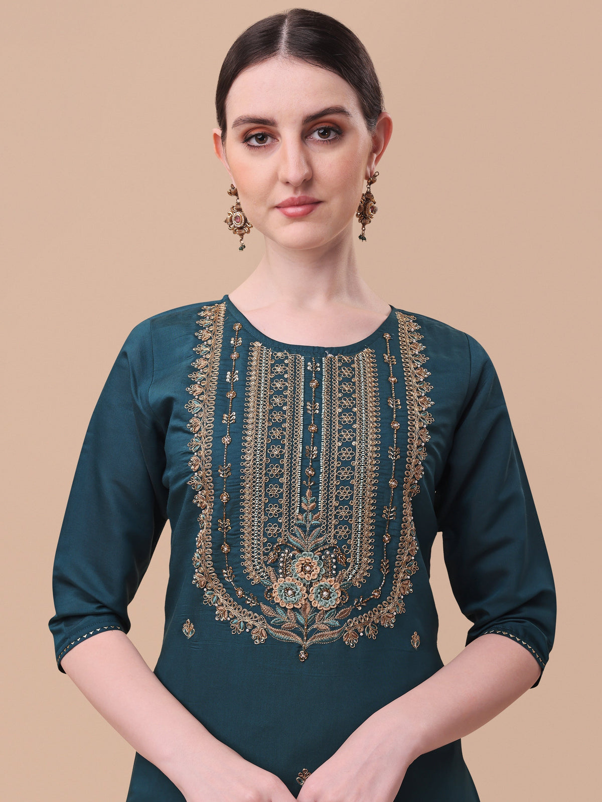 Embroidered Kurta With Pant & Dupatta Set, Multicolor - Hiral Fashion | Grocsy